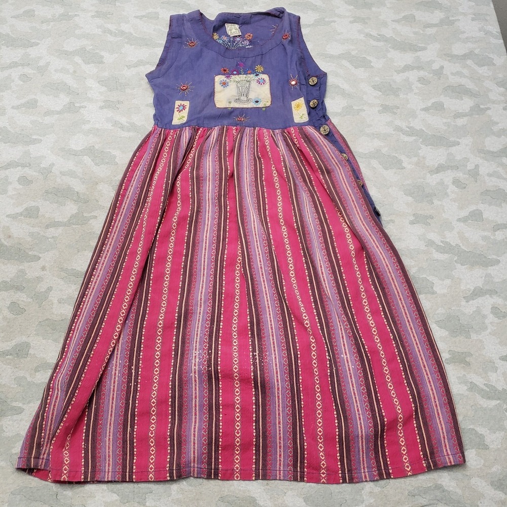 Hand Block Dress Womens Small Multicolor Cottage Core Button Sleeveless